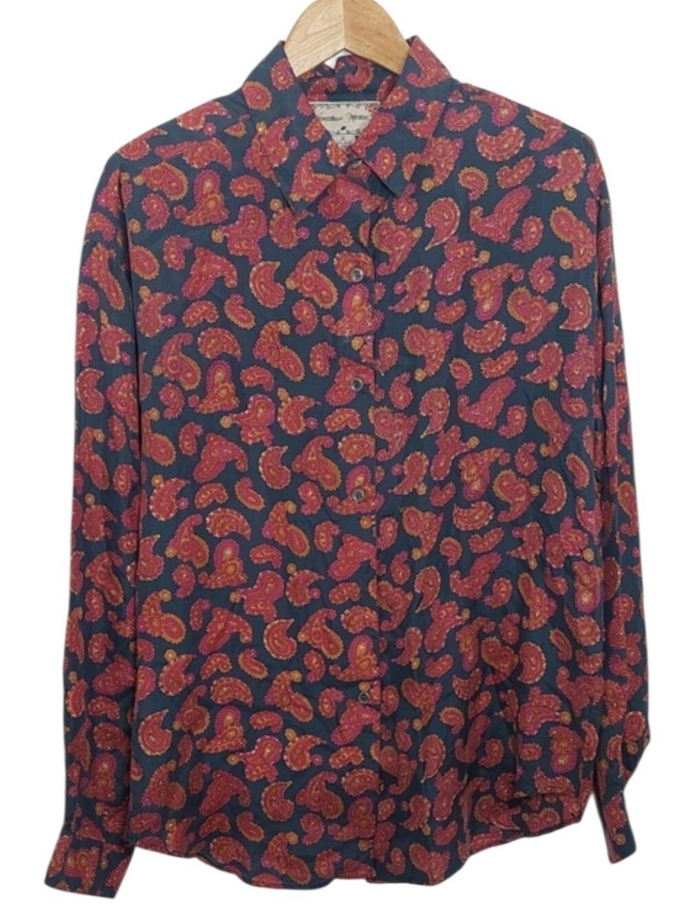 Jonathan Martin Womens Size Medium Blouse Navy Shirt Red Paisley Print 100% Silk